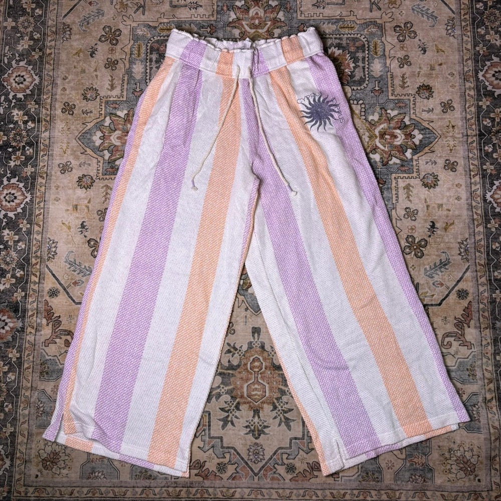 Out From Under Urban Outfitters Woven Stripe Beach Pants White Sun Logo Wide Leg